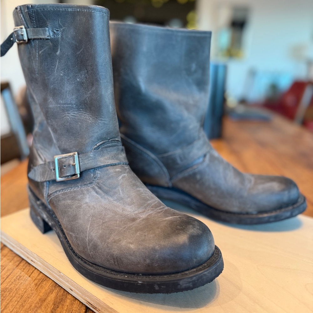 Frye Vintage Engineer Boots for Motorcycle, Goodyear Welt, Charcoal Gray Leather